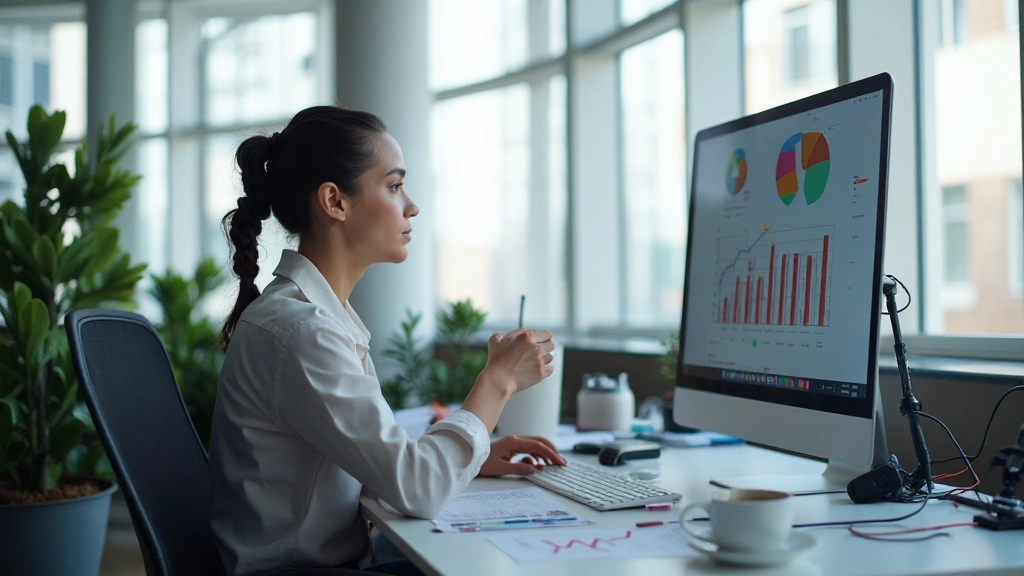 Изображение рабочего места с графиками производительности объявлений и показателями конверсии